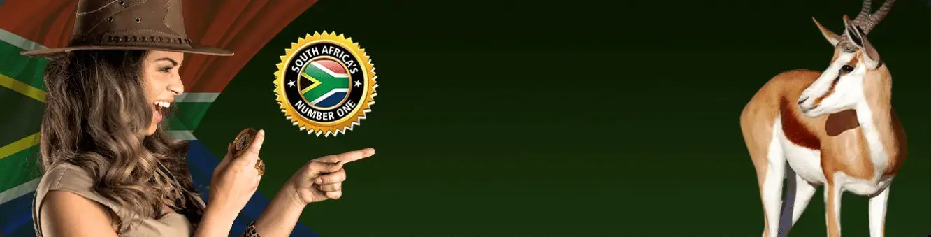 Springbok Casino marketing artwork: the South African flag, the casino's “South Africa's Number One” seal and a springbok